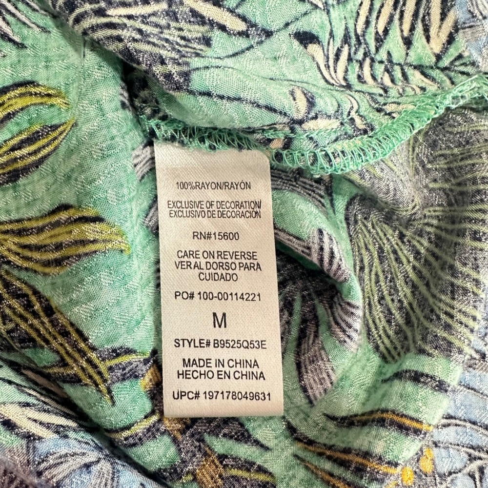 Democracy Tropical Palm Print Smocked Cap Sleeve Top Boho Green Blue Women's M - Picture 7 of 9